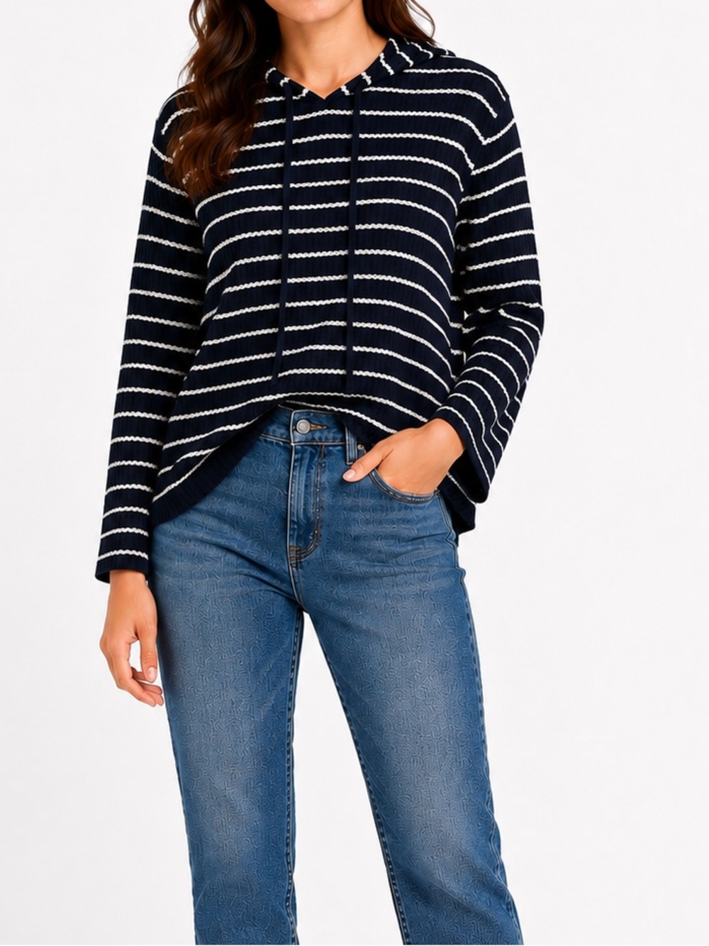 LOFT Striped Sweater Hoodie Navy Ivory Ribbed Knit Pullover - Size Medium